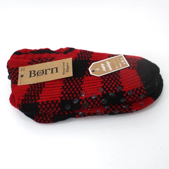 Born Sherpa Lined Bootie Slippers Red Black Plaid Non-Slip Soles M/L - Picture 2 of 5